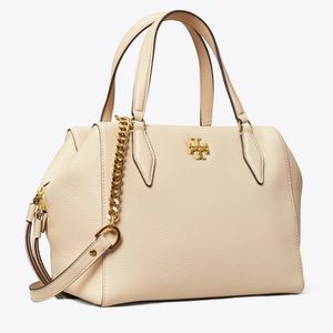 Tory Burch Kira Pebbled Leather Satchel Crossbody Bag in New Cream